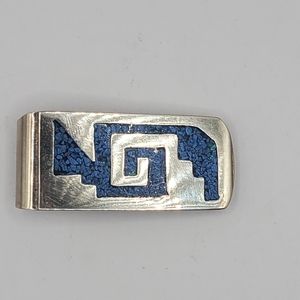 Money Clip  Alpaca w/ Turquoise Chip Inlay Taxco Mexico Hand Made Sterling